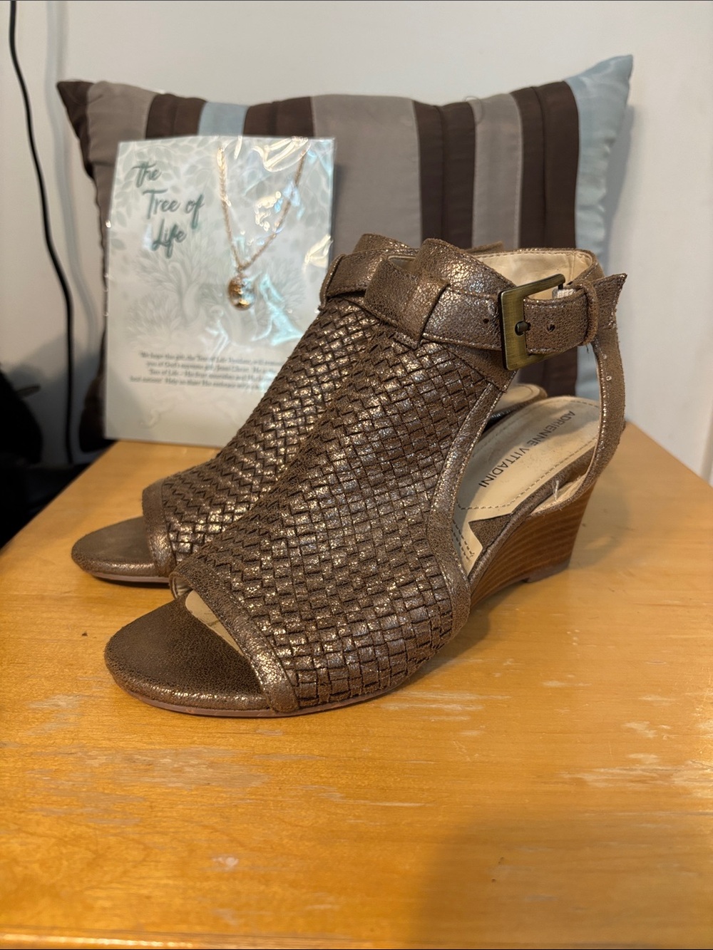 Adrienne Vittadini Metallic Bronze Woven Peep-Toe Wedges